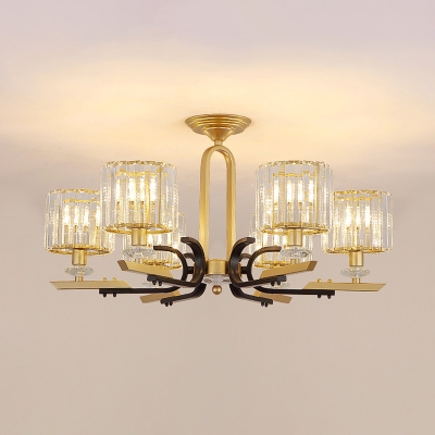 Cylinder Flush Chandelier Lighting Postmodern Prismatic Crystal 3/6-Light Gold Ceiling Lamp for Restaurant