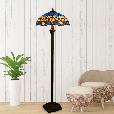 Dragonfly Cut Glass Reading Floor Lamp Tiffany 2 Heads Blue Pull Chain Standing Floor Light with Bowl Shade