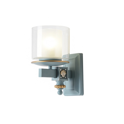 Dual Cylindrical Wall Lamp Fixture Nordic Opaline and Clear Glass 1 Bulb Living Room Wall Sconce in Sky/Light Blue