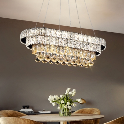 Elongated Layers LED Island Pendant Modern Opulent Crystal Dining Room Hanging Light in Chrome