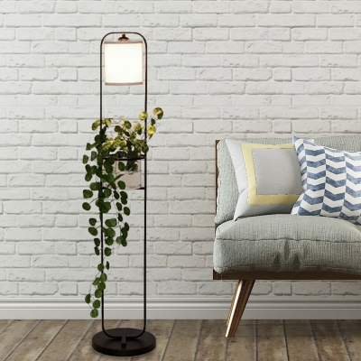 Fabric Cylinder Floor Lighting Industrial 1/2-Bulb Living Room Standing Light with Elongated Oblong Frame in Black