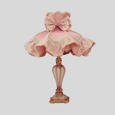 Goffered Frill Fabric Night Light Cartoon Single-Bulb Pink Table Lamp with Resin Vase Base for Girl's Room