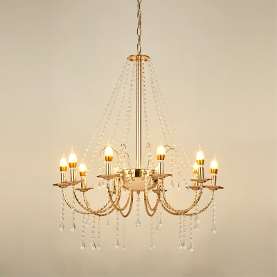 Gold 8-Bulb Ceiling Chandelier Minimal Faceted Crystal Candlestick Pendulum Light