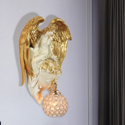 Gold/Dark Gold 1-Bulb Wall Lamp Rural Resin Angel Wearing Swing Wall Light with Dome/Teardrop Crystal Shade