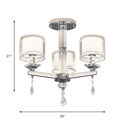 Iron Branching Semi Flush Chandelier Modern 3 Bulbs Chrome Ceiling Light with Cylinder Clear Glass Shade