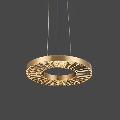 LED Bedroom Ceiling Pendant Modern Gold Suspension Lighting with Circular Clear Crystal Shade in Warm/Natural Light