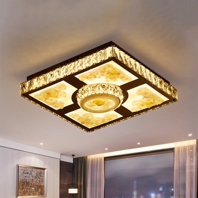 Living Room LED Ceiling Flush Modernism Chrome Petal Patterned Flushmount with Squared Faceted Crystal Shade