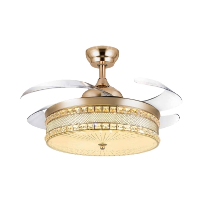 Modern Style Round Flush Light Fixture Crystal Living Room LED Semi Flush in Gold with 4 Blades, 19