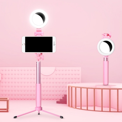 Modernist Round USB Vanity Mirror Lamp Metal LED Phone Support Fill Light in Pink with Rotatable Design