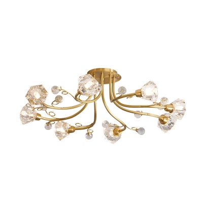 Modernity Diamond Semi Flush Clear Crystal 8 Lights Corridor Ceiling Mounted Fixture in Gold with Spiral Design