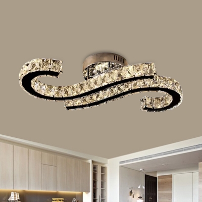 S-Shaped Flush Mount Light Simplicity Beveled Crystal Stainless-Steel LED Ceiling Lamp in Warm/White Light