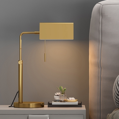 Simple Cuboid Nightstand Lighting Metallic 1 Head Bedside Desk Lamp with Pull Chain in Gold