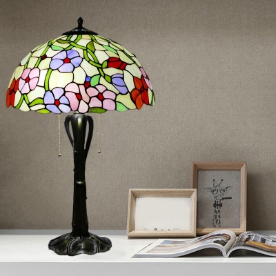 Stained Glass Gold Table Light Dome/Cone 2-Bulb Victorian Pull Chain Nightstand Lamp with Blossom Pattern