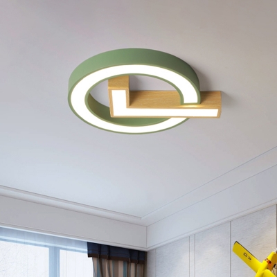 Tick and Circle Iron Flushmount Macaron Grey/Green and Wood LED Surface Ceiling Lamp for Kids Bedroom