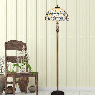 Victorian Domed Floor Light 2-Light Shell Pull Chain Stand Up Lamp in Blue with Bloom Pattern