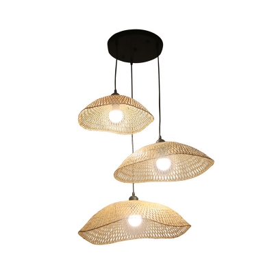 Wavy-Edge Dome Bamboo Down Lighting Asia 3-Head Beige Multiple Hanging Light for Sitting Room
