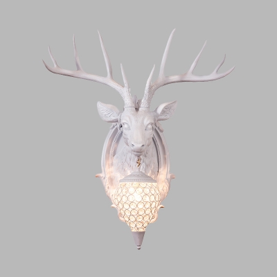 White/Beige Deer Head Wall Lighting Traditional Resin 1 Head Living Room Wall Light Sconce with Teardrop Clear Crystal Deco