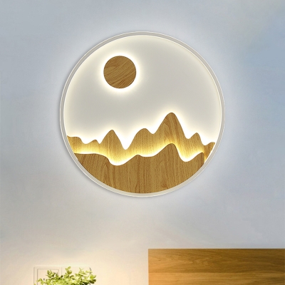Wood Sun and Mountain Mural Lighting Chinese LED Yellow Circle Wall Mount Light Fixture for Dining Room