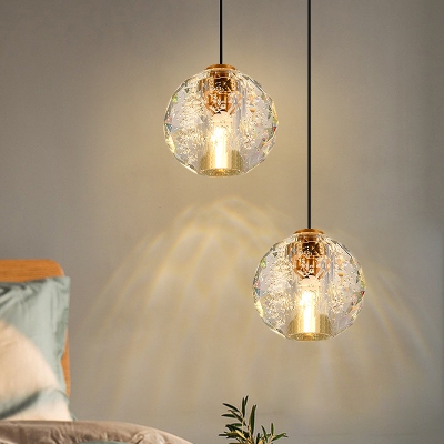 1-Bulb Bedroom Ceiling Hang Fixture Modern Gold Pendant Lamp with Spherical Clear Crystal Shade