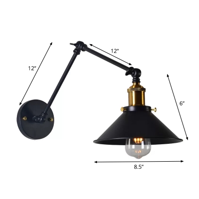 1 Head Swivelable Task Wall Light Loft Studio Wall Mounted Lamp with Cone Iron Shade in Black/White, 8
