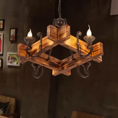 3/4/6 Lights Wood Chandelier Pendant Rustic Brown Triangle/Square/Hexagon Hanging Lamp with Exposed Bulb Design