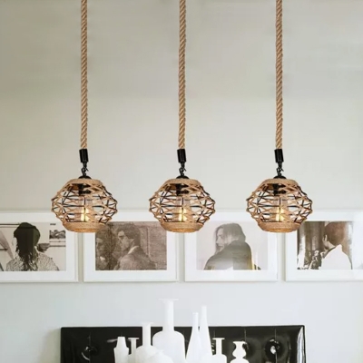 3/6 Bulbs Manila Rope Multi-Pendant Rustic Brown Oval Shade Bistro Ceiling Suspension Lamp with Round/Linear Canopy