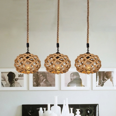 3/6 Heads Round/Linear Drop Pendant Country Style Brown Roped Multi Hanging Light Fixture with Ellipsoid Shade