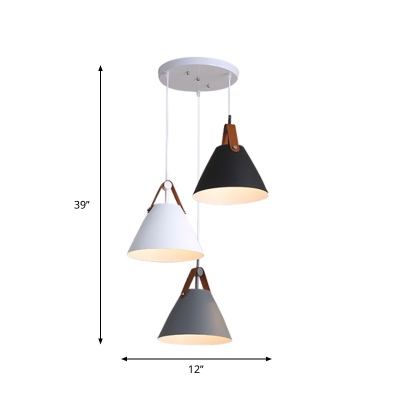 Macaron 3-Light Cluster Pendant Blue-Pink-Yellow/Black-Grey-White Cone Hanging Light with Metal Shade and Round/Linear Canopy, Warm/White Light