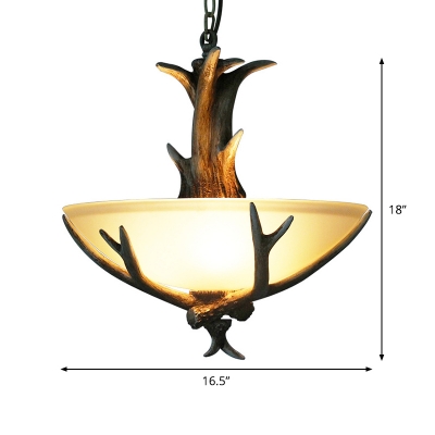 3 Lights Opaline Glass Chandelier Rural Brown Wide Bowl Bistro Ceiling Suspension Lamp with Antler Decor