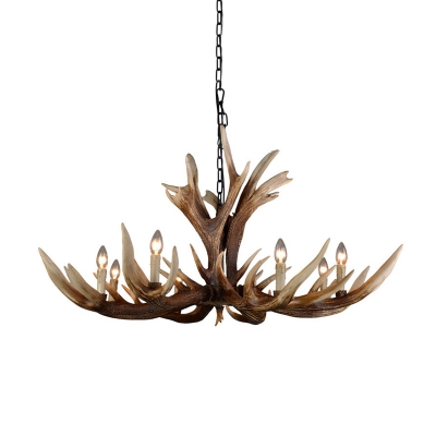 6/8-Head Exposed Bulb Designed Chandelier Rustic Brown Resin Antler Hanging Ceiling Light