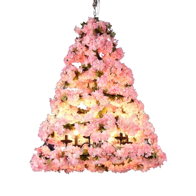 Conical LED Flower Pendant Chandelier Romantic Lodge Pink Metal Hanging Lamp Kit