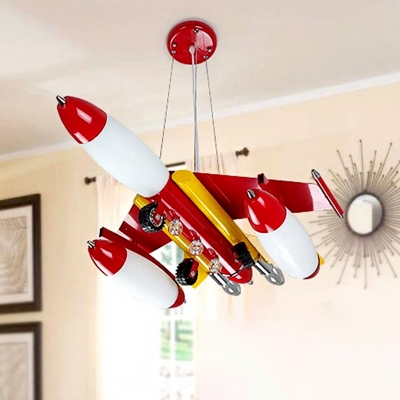 Kids Creative Fighter Plane Chandelier Opal Frosted Glass Boys Room LED Hanging Light Kit in Blue/Red