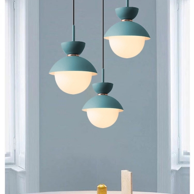 Macaron Style Sanduhr Hanging Light Iron 1-Light Snack Bar Ceiling Pendant in Grey/Pink/Blue with White Glass Shade