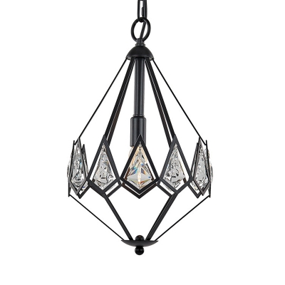 Metal Diamond Cage Drop Pendant Simplicity 1 Light Suspension Lighting Fixture in Black with Inner Crystal Deco