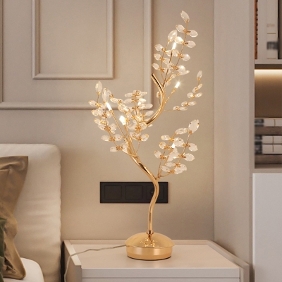 Modernity Tree Night Lamp Clear Crystal Bead 6-Light Bedside Table Lighting in Gold