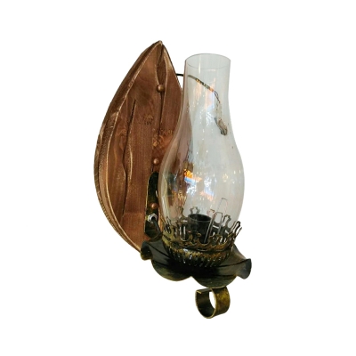 Ox Head/Leaf-Shaped Wood Wall Lamp Farmhouse 1/2-Light Dining Room Sconce Light with Lantern/Kerosene Shade in Brown