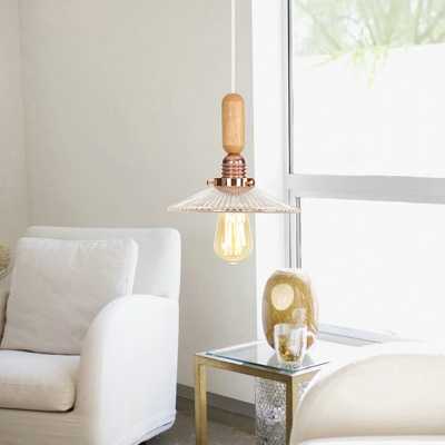 Rose Gold 1 Head Down Lighting Lodge Clear Glass Bell/Cone Shade Hanging Pendant Light with Decorative Wood Top
