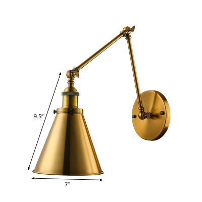 Rotating 2-Arm Iron Wall Lamp Fixture Loft 1-Light Study Room Wall Lighting Ideas with Cone Shade in Brass