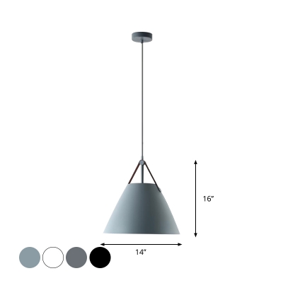 Truncated Cone Shade Pendant Nordic Metal Single Black/Grey/White Hanging Light with Leather Strap, 10.5