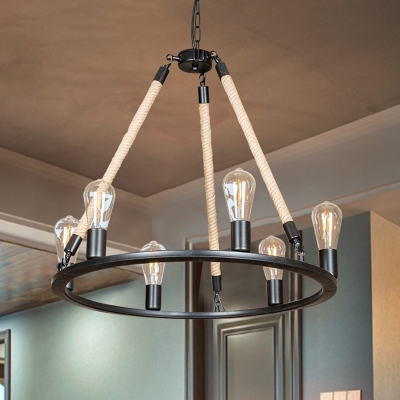 Wheel Country Bar Chandelier Lamp Loft Hemp Rope 6 Bulbs Black Hanging Light Fixture with Open Bulb Design