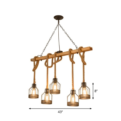 Wood Brown Island Pendant Linear 3/5 Lights Rustic Ceiling Hang Light with Cage and Hemp Rope