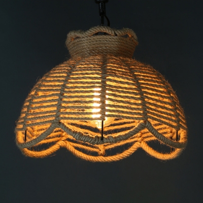 Wood Scalloped/House Hanging Light Cottage Hand-Wrapped Rope 1 Bulb Restaurant Drop Pendant