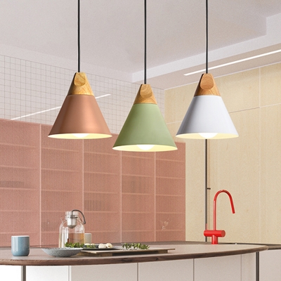 1 Head Living Room Pendulum Light Macaron Yellow/Green/Gold and Wood Pendant Lamp with Cone Metal Shade