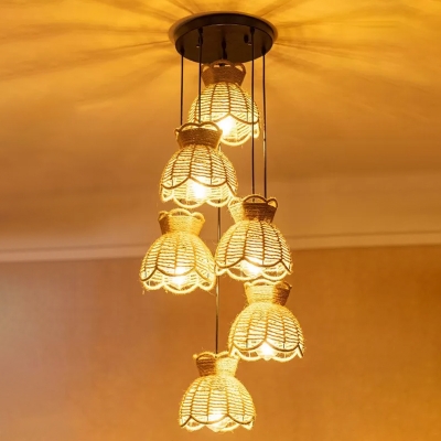 Brown Scalloped Bowl Multi Hanging Light Rustic Hemp 3/6 Lights Dining Room Ceiling Pendant