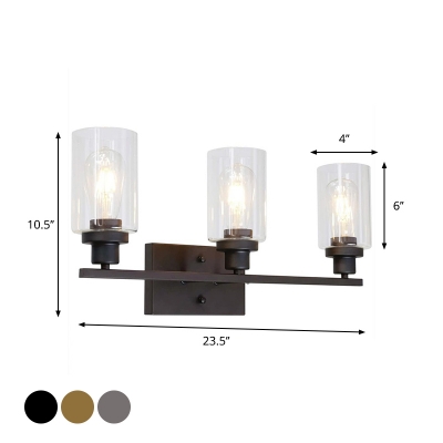 Cylindrical Clear Glass Vanity Lamp Factory 2/3 Heads Bathroom Wall Light Sconce in Black/Nickel/Brass