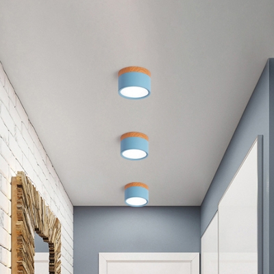 Cylindrical Mini Corridor Flush Mount Aluminum Macaron Surface Mounted LED Ceiling Lamp in Pink/Black/White and Wood