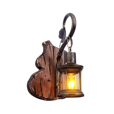Farmhouse Candle/Lantern Wall Light Kit 1 Bulb Wooden Wall Mounted Lighting with Wrench/Axe Shaped Backplate in Brown