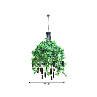 Iron Caged Drop Pendant Factory Restaurant LED Chandelier Light in Dark Green/Pink/Black with Plant Decor