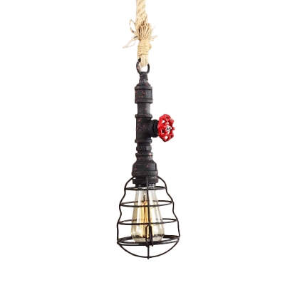 Iron Water Pipe Pendant Light Industrial Single Dining Room Down Lighting in Blue/Green/Rust with Cage and Rope Cord