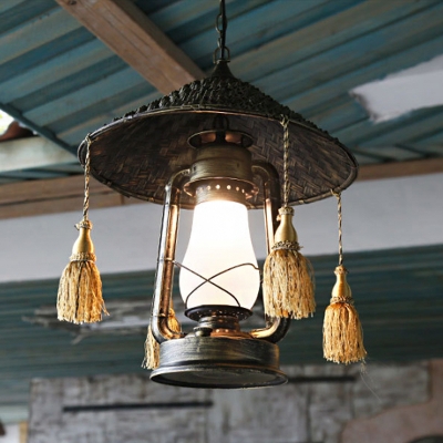 Kerosene Frosted Glass Pendant Lamp Nautical 1 Head Terrace Ceiling Hang Light with Coolie Hat Top and Tassel in Bronze